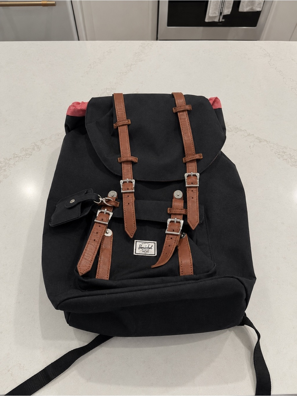 Herschel Supply Company Black Backpack with Brown Leather Straps and Red Liner
